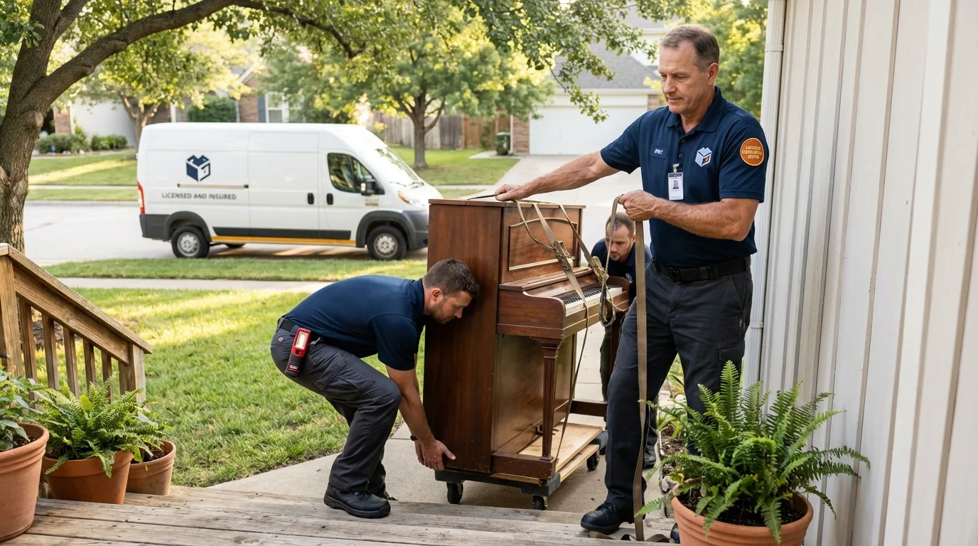 Licensed piano movers securing grand piano in Gilford, NH