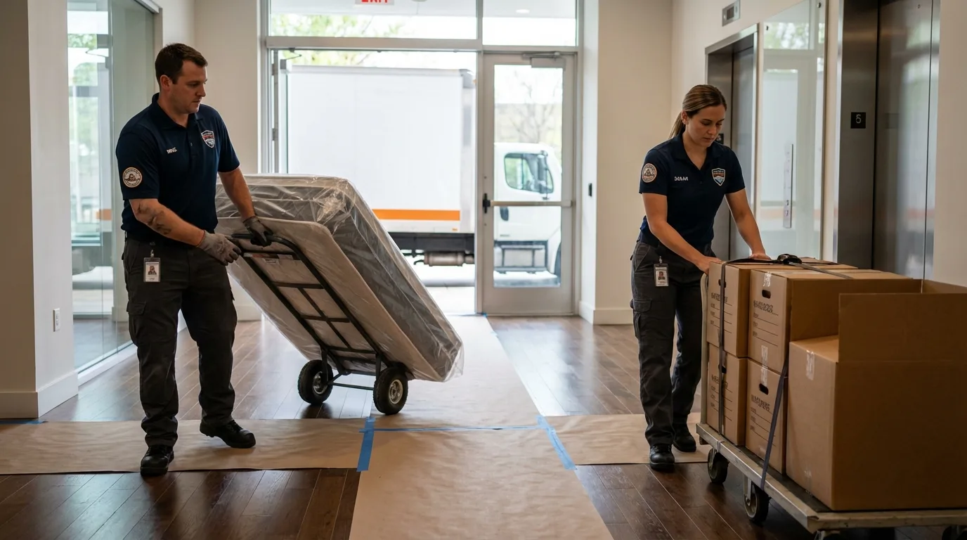 Professional apartment movers loading elevator in Gilford, NH