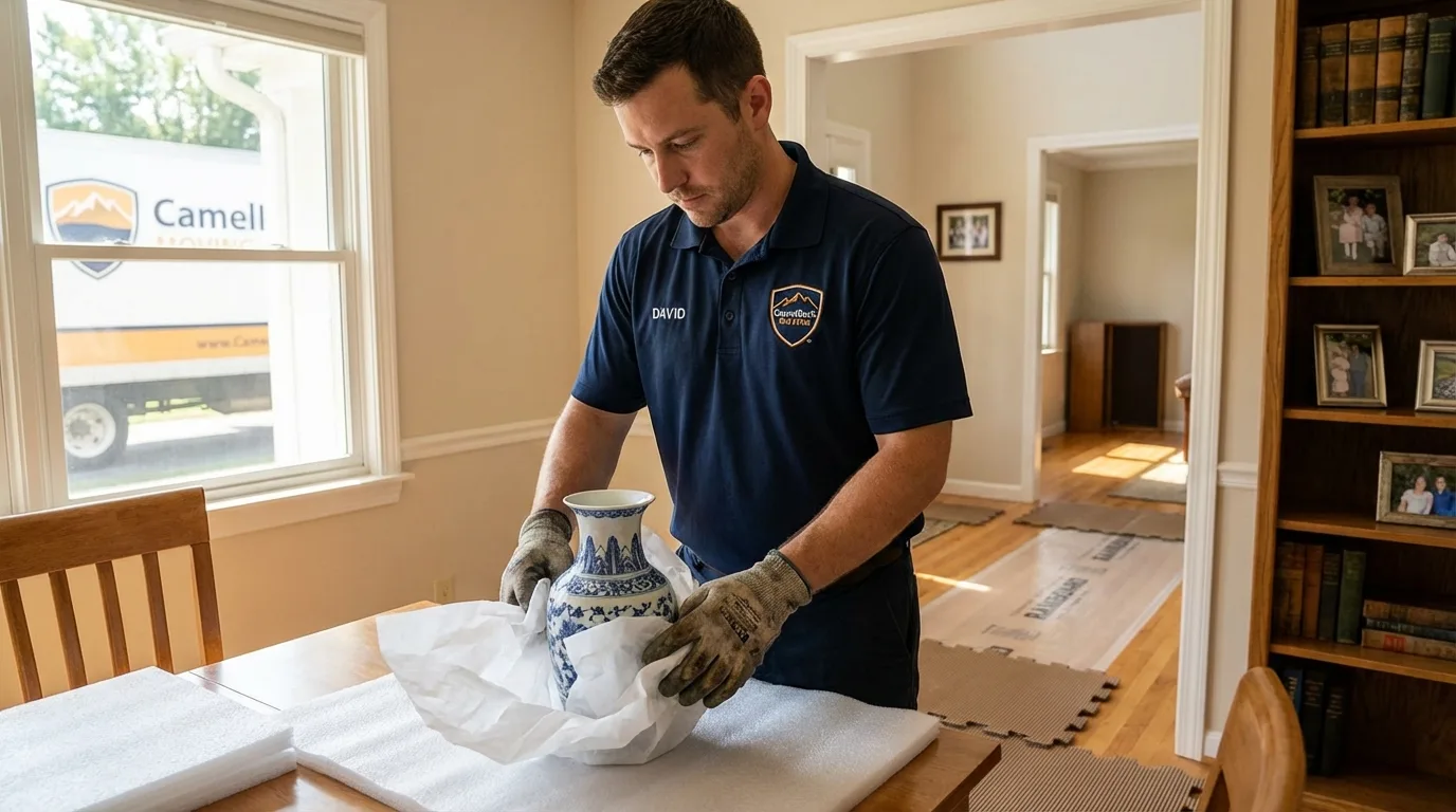 Professional crew carefully wrapping antique vase for senior downsizing move in Gilford, NH