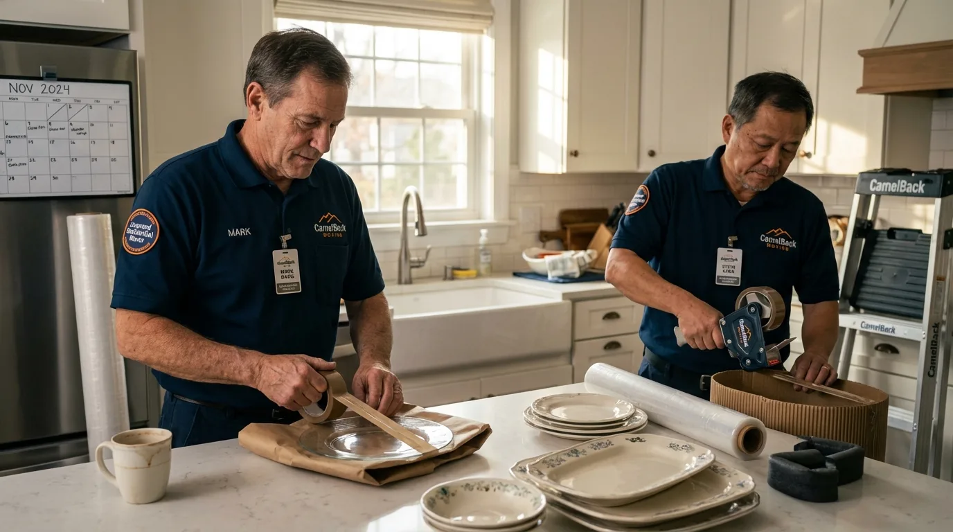 Professional crew packing kitchen dishware in Gilford, NH
